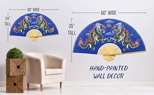 Oriental-Decor مروحة حائط قابلة للطي برسومات التنين يدوية الرسم للديكور الصيني (40 بوصة عرض، تنانين زرقاء) - Image 5