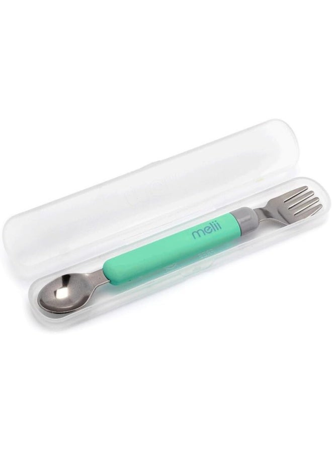 melii Detachable Baby Spoon and Fork Set with Compact Travel Case – BPA Free Soft Grip Utensils for Self Feeding – Portable Spork for On the Go Dining - Mint & Grey - Image 1