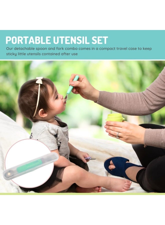 melii Detachable Baby Spoon and Fork Set with Compact Travel Case – BPA Free Soft Grip Utensils for Self Feeding – Portable Spork for On the Go Dining - Mint & Grey - Image 4