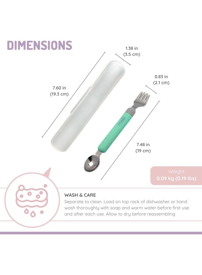 melii Detachable Baby Spoon and Fork Set with Compact Travel Case – BPA Free Soft Grip Utensils for Self Feeding – Portable Spork for On the Go Dining - Mint & Grey - Image 2