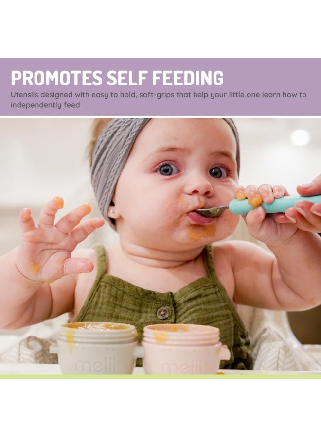 melii Detachable Baby Spoon and Fork Set with Compact Travel Case – BPA Free Soft Grip Utensils for Self Feeding – Portable Spork for On the Go Dining - Mint & Grey - Image 5