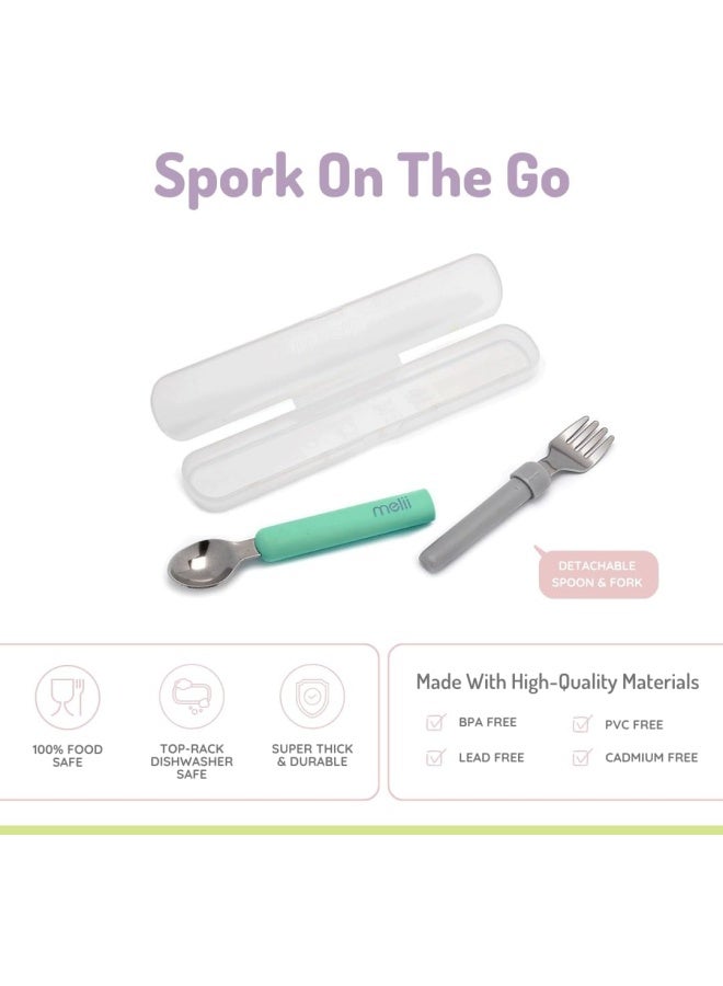 melii Detachable Baby Spoon and Fork Set with Compact Travel Case – BPA Free Soft Grip Utensils for Self Feeding – Portable Spork for On the Go Dining - Mint & Grey - Image 3