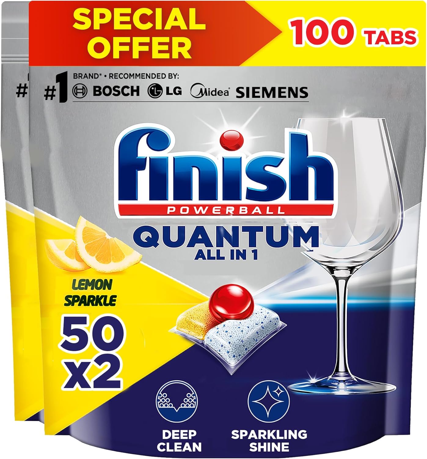 Finish Powerball Quantum All in One Dishwasher Detergent Tablets, Lemon Sparkle - 50 Tabs (Pack of 2)