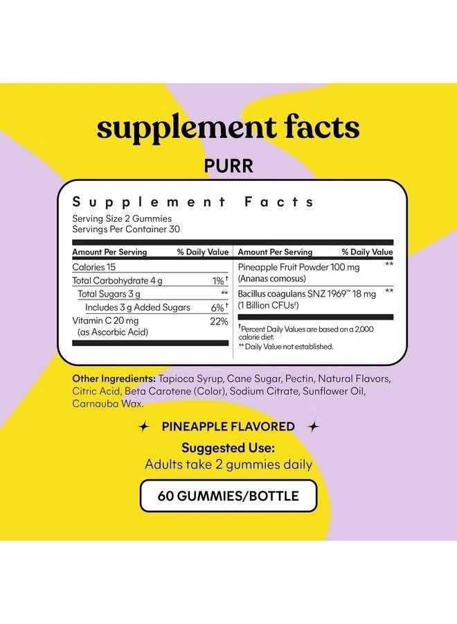 Lemme Purr Vaginal Probiotic Gummies for Women - Balanced pH, Healthy Odor, Yeast Balance & Flora Support + Vitamin C for Immune Health - Tasty Pineapple (60 Count) - Image 3