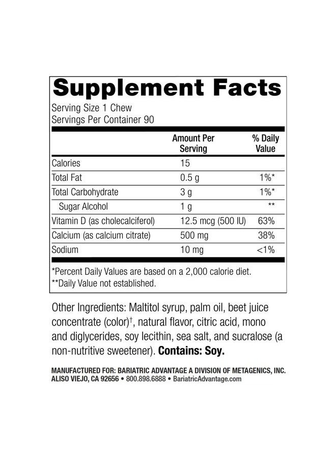 Bariatric Advantage - Calcium Citrate Chewy Bites 500 mg - for Bariatric Surgery Patients - Vitamin D3 - Sugar-Free Chewable Calcium Supplement - Bariatric Calcium Chews - Raspberry Flavor - 90 Count - Image 1