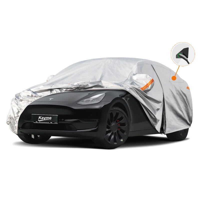 Kayme 6 Layers Car Cover Custom Fit for Tesla Model Y Waterproof All Weather for Automobiles Outdoor Full Car Cover Sun Rain UV Snow ProtectionSilver