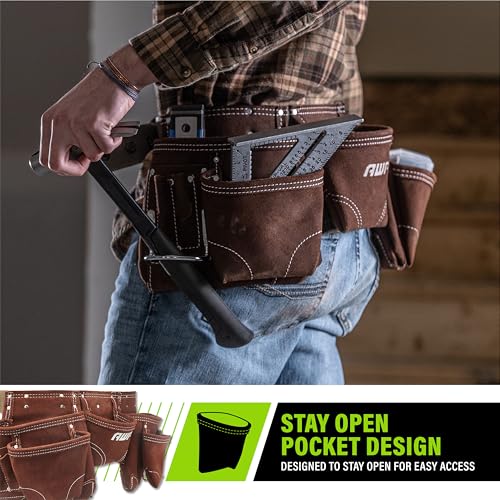 AWP Suede Leather General Construction Tool Pouch Apron | 11-Pocket Tool Organization Work Belt | Brown | Fits Up to 50" Waist Size - Image 4