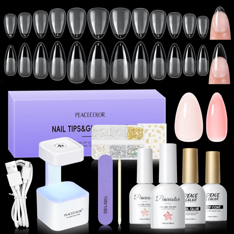 PEACECOLOR Gel Nail Kit, 240Pcs Short Medium Almond Nail Tips with U V Light 2PC Jelly Gel Polish Nail Glue Top Coat Stickers Rhinestones Easy Extension Set DIY Salon Gifts for Women - Image 1