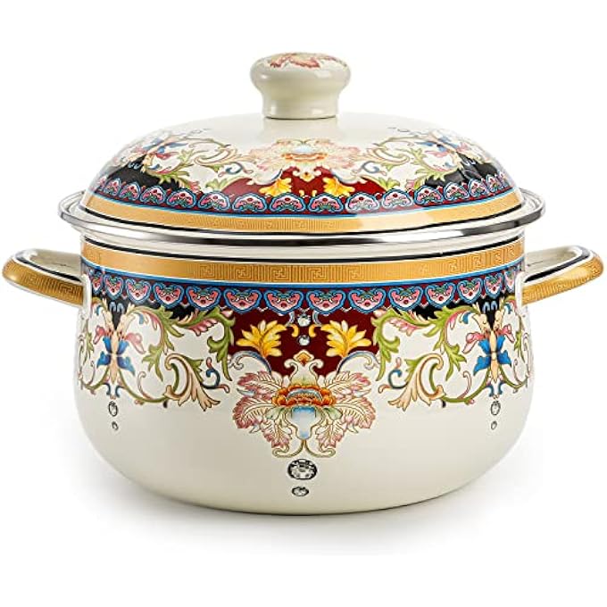 ZENFUN Kitchen Enamel Stockpot With Lid 35 Quart Retro Flower Stew Bean Cooking Pot Vintage Thicken Soup Pot With Handles Nonstick Safe For Induction Cookers Gas Stove - Image 2