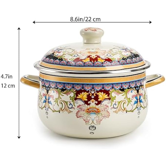 ZENFUN Kitchen Enamel Stockpot With Lid 35 Quart Retro Flower Stew Bean Cooking Pot Vintage Thicken Soup Pot With Handles Nonstick Safe For Induction Cookers Gas Stove - Image 3