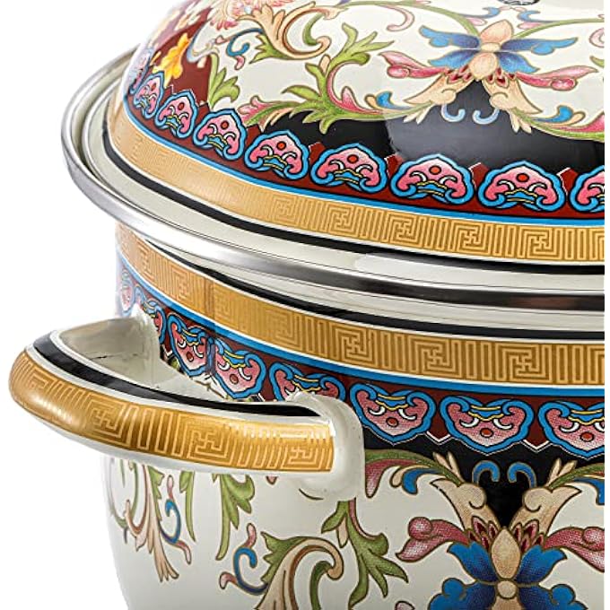 ZENFUN Kitchen Enamel Stockpot With Lid 35 Quart Retro Flower Stew Bean Cooking Pot Vintage Thicken Soup Pot With Handles Nonstick Safe For Induction Cookers Gas Stove - Image 4