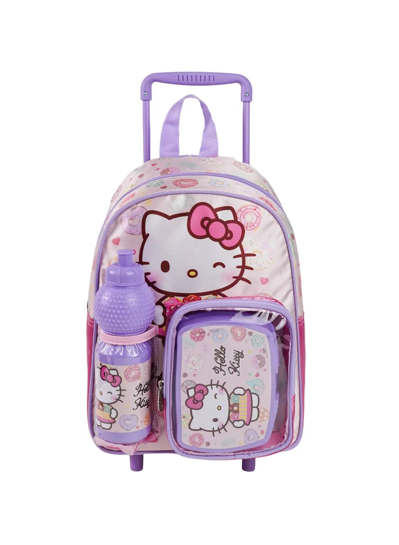 سانريو Sanrio Hello Kitty Toddler 3-in-1 Trolley Set 13" – Official Hello Kitty Rolling Backpack with Water Bottle & Lunch Box, Wheeled Preschool School Bag Set for Kids  | Water Resistant  | Girls School Bag