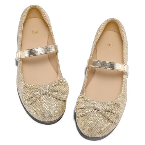 K KomForme Girl's Ballet Flats Non-Slip Soft Mary Jane Walking Party Dress Shoes for Toddler/Little Kid/Big Kid Gold Glitter - Image 4