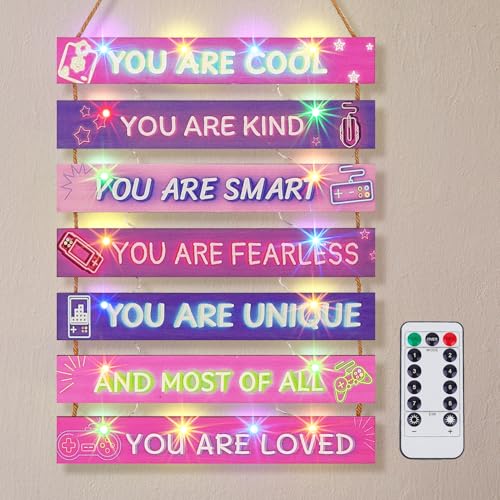 FIOBEE Girls Room Décor for Teen Girls Boys with LED Light Wall Decor for Bedroom Motivational Inspirational Wall Art Girl Room Decoration for Kids Studyroom, 8 Kinds of Lights, Purple Game - Image 1
