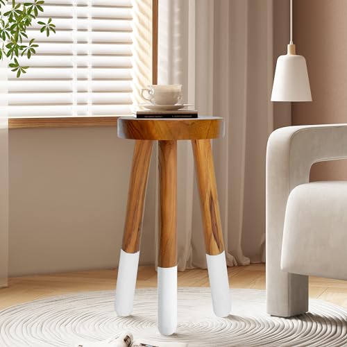 JOLLYMER Teak 11.8" Round Dip Dyed Teak Stool | Wood Accent Side Table | Wood Plant Stand (20" Tall White) - Image 4