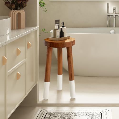 JOLLYMER Teak 11.8" Round Dip Dyed Teak Stool | Wood Accent Side Table | Wood Plant Stand (20" Tall White) - Image 5
