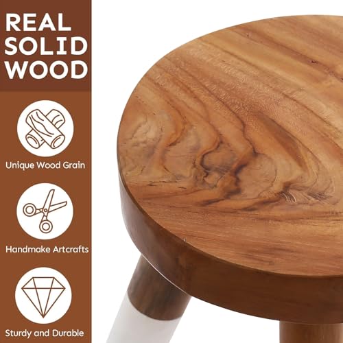JOLLYMER Teak 11.8" Round Dip Dyed Teak Stool | Wood Accent Side Table | Wood Plant Stand (20" Tall White) - Image 3