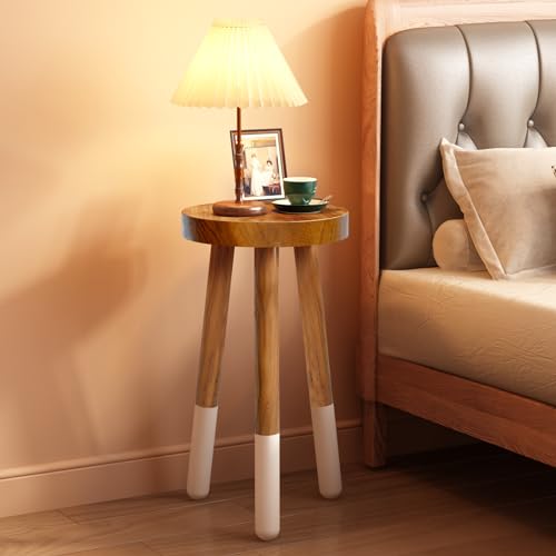JOLLYMER Teak 11.8" Round Dip Dyed Teak Stool | Wood Accent Side Table | Wood Plant Stand (20" Tall White) - Image 1