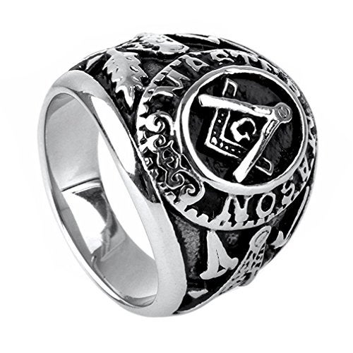 INRENG Men's Stainless Steel Vintage Freemason Masonic Rings Signet Biker Bands Silver Black Size 13 - Image 1
