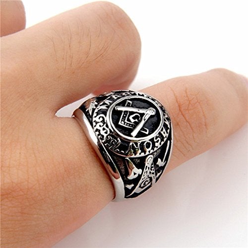 INRENG Men's Stainless Steel Vintage Freemason Masonic Rings Signet Biker Bands Silver Black Size 13 - Image 2