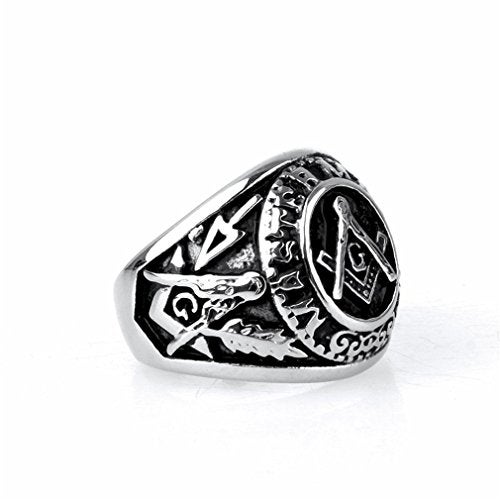 INRENG Men's Stainless Steel Vintage Freemason Masonic Rings Signet Biker Bands Silver Black Size 13 - Image 4