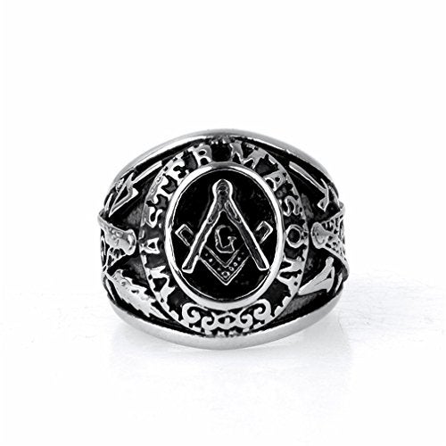 INRENG Men's Stainless Steel Vintage Freemason Masonic Rings Signet Biker Bands Silver Black Size 13 - Image 3
