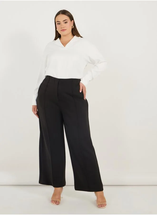 Styli Plus Size Solid Wide Leg Pants with Pintuck Detail