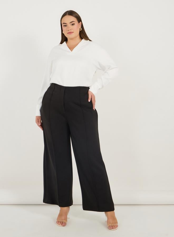 Styli Plus Size Solid Wide Leg Pants with Pintuck Detail  - Image 1