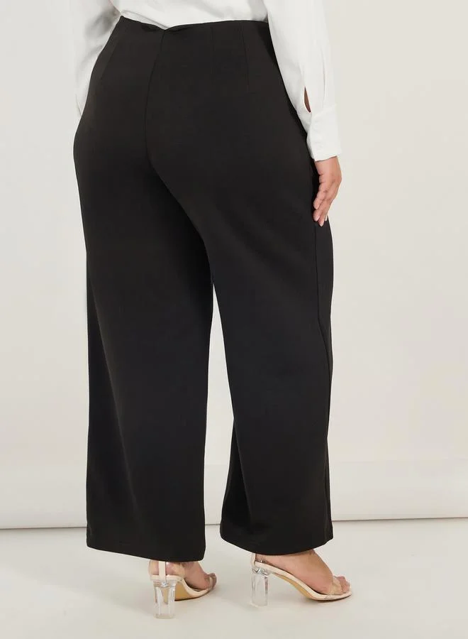 Styli Plus Size Solid Wide Leg Pants with Pintuck Detail