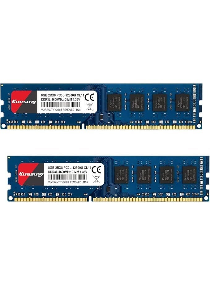 Kuisoni 16GB RAM Kit 8GBx2 DDR3L-1600 UDIMM PC3L-12800/PC3L-12800U 8GB CL11 240-pin 2RX8 Dual-Range Non-ECC Buffer 1.35V/1.5V Desktop PC Upgrade Module