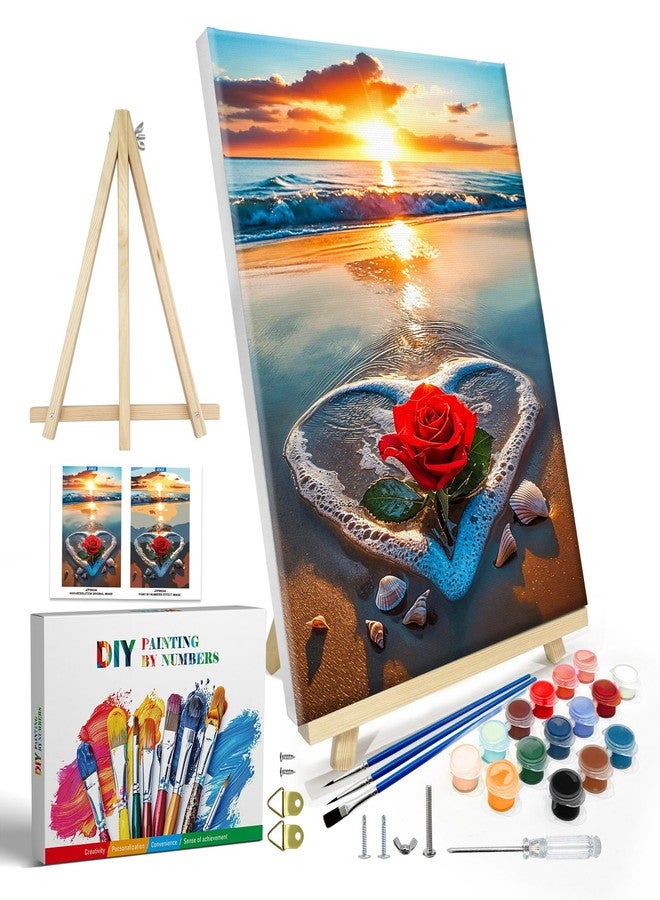 JOOZ Paint by Numbers Kit for Adults with Frame, Beach Sunset Paint by Number with Easel, DIY Beach Rose Acrylic Paint by Number, Easy Adult Paint by Number Kits on Canvas for Wall Decor 8 x 12 Inch - Image 1