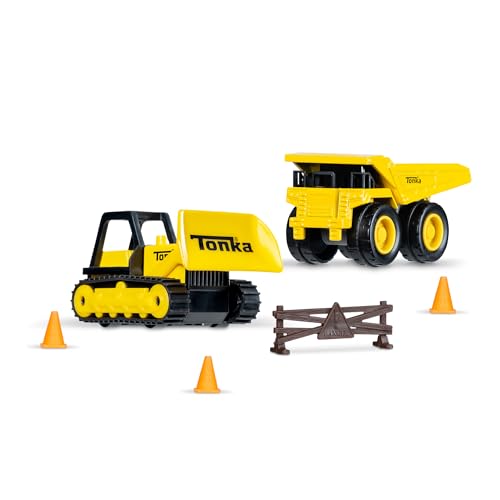 Basic Fun Mini Classics Tonka 2-Pack (Metal Movers Dump Truck and Bulldozer with 3 Traffic Cones and Barrier Fence) - Image 2