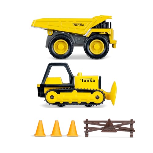 Basic Fun Mini Classics Tonka 2-Pack (Metal Movers Dump Truck and Bulldozer with 3 Traffic Cones and Barrier Fence) - Image 4