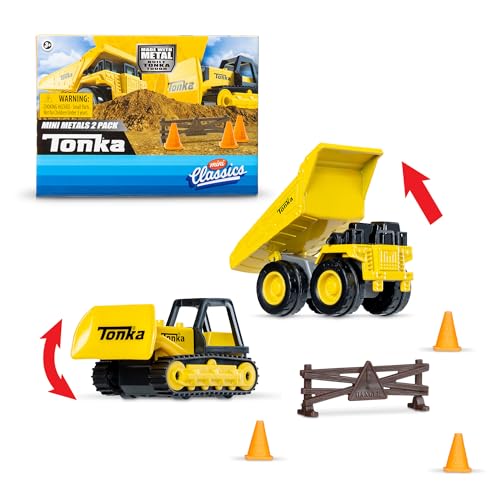 Basic Fun Mini Classics Tonka 2-Pack (Metal Movers Dump Truck and Bulldozer with 3 Traffic Cones and Barrier Fence) - Image 1