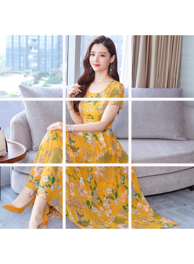 Summer Short-sleeved Dress European And American Women's Short-sleeved Elegant Slimming Floral Crewneck Mid-length Elderly Dress 