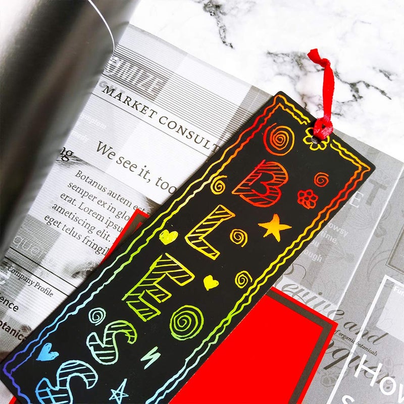 Supla 36 Set 2 Style Magic Scratch Rainbow Bookmarks Making Kit for Kids Students Party Favor Scratch Paper DIY Bookmarks Bulk with Scratching Tools Satin Ribbons for Classroom Activities - Image 3