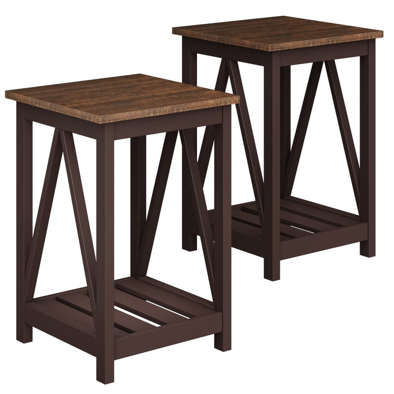 ChooChoo Farmhouse End Table Rustic Vintage End Side Table with Storage Shelf for Small Spaces Nightstand Sofa Table for Living Room Bedroom Espresso 2 Pack
