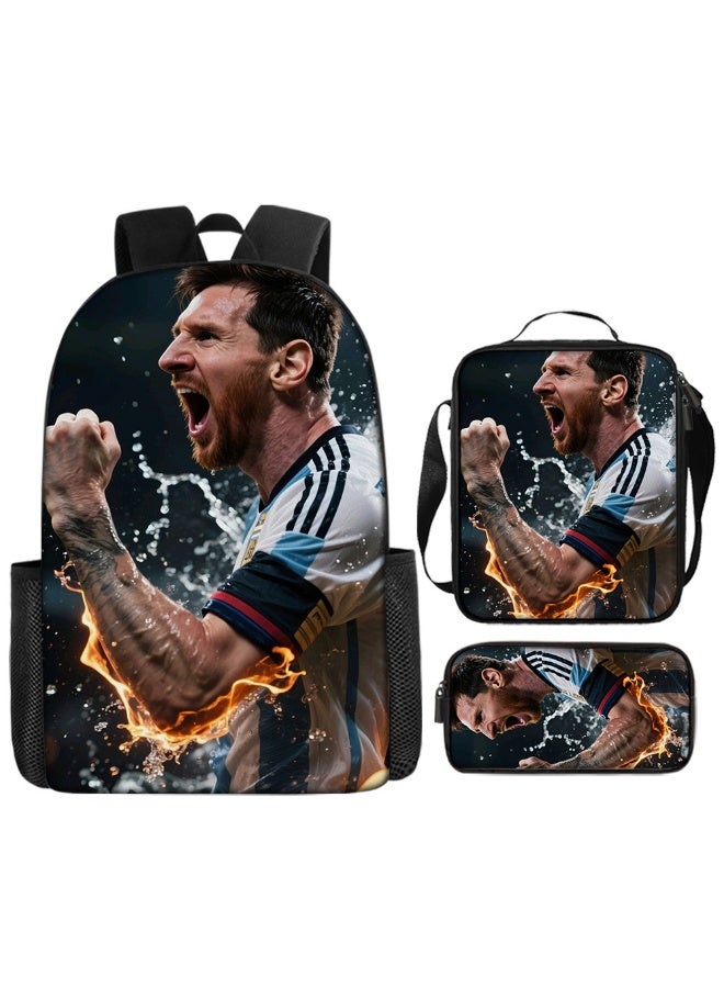 MESSI 3-Piece Fire & Water Splash Messi Argentina Celebration Backpack Set, Passionate Football Fan School Backpack With Lunch Bag & Pencil Case - Image 1