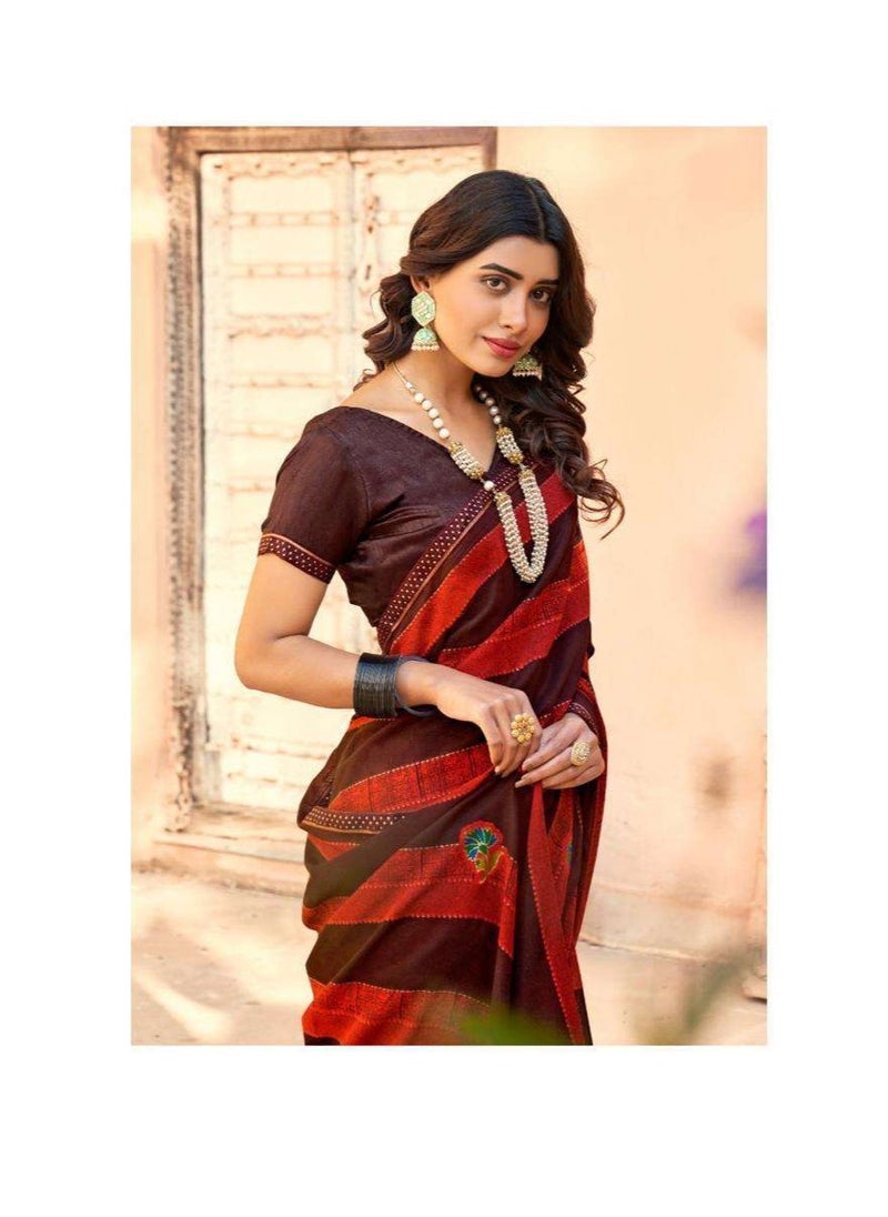 Grab Mantra Georgette red And Brown Beautiful Printed Saree With Unstitched Blouse  - Image 2