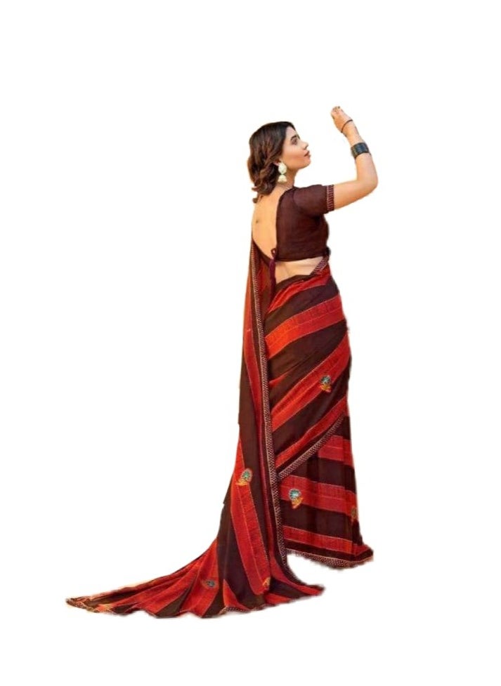 Grab Mantra Georgette red And Brown Beautiful Printed Saree With Unstitched Blouse  - Image 1