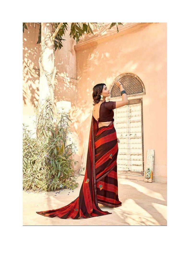 Grab Mantra Georgette red And Brown Beautiful Printed Saree With Unstitched Blouse  - Image 3