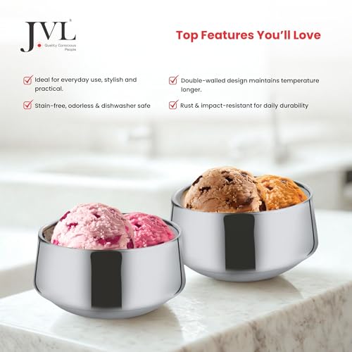 JVL Classicware Double Wall Stainless Steel Dessert Bowls Set of 2 (200 ml Each), Mirror Finish Insulated Serving Bowl for Hot & Cold Desserts, Ice Cream, Gulab Jamun, Halwa, Kheer - Image 5