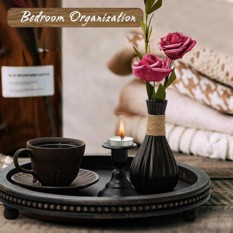 KULEDM Wooden Tray Decor, Small Beaded Coffee Table Tray Decor, Black Round Decorative Tray for Coffee Table, Dining Room Table Entryway and Living Room Table - Image 3