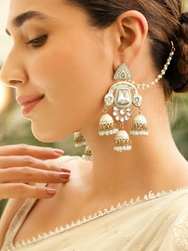 Rubans 22K Gold-Plated Mint Green Enamel White Kundan Studded Chandbali Jhumka Earrings with Pearl Beading Ear Chain for Women – Bridal & Wedding Looks - Image 2
