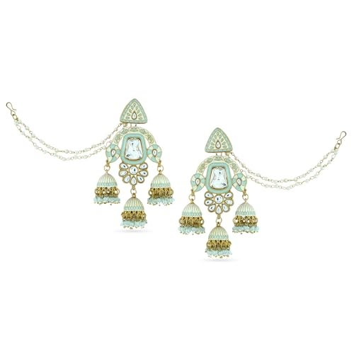 Rubans 22K Gold-Plated Mint Green Enamel White Kundan Studded Chandbali Jhumka Earrings with Pearl Beading Ear Chain for Women – Bridal & Wedding Looks - Image 1