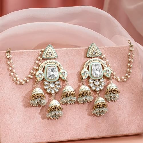 Rubans 22K Gold-Plated Mint Green Enamel White Kundan Studded Chandbali Jhumka Earrings with Pearl Beading Ear Chain for Women – Bridal & Wedding Looks - Image 3
