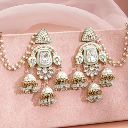 Rubans 22K Gold-Plated Mint Green Enamel White Kundan Studded Chandbali Jhumka Earrings with Pearl Beading Ear Chain for Women – Bridal & Wedding Looks - Image 4