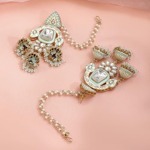 Rubans 22K Gold-Plated Mint Green Enamel White Kundan Studded Chandbali Jhumka Earrings with Pearl Beading Ear Chain for Women – Bridal & Wedding Looks - Image 5