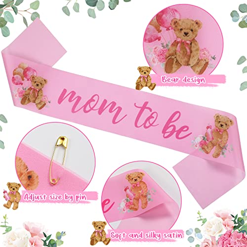 Tiamon Bear Theme Mom to Be Sash Baby Shower Dad to Be Pin and Flower Crown Headband for Gender Reveals Party Baby Shower Party Favors Decorations for Boys and Girls Pregnancy Props Keepsake (Pink) - Image 4