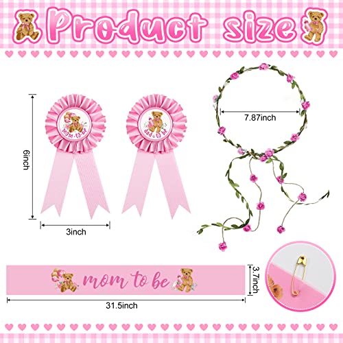 Tiamon Bear Theme Mom to Be Sash Baby Shower Dad to Be Pin and Flower Crown Headband for Gender Reveals Party Baby Shower Party Favors Decorations for Boys and Girls Pregnancy Props Keepsake (Pink) - Image 3